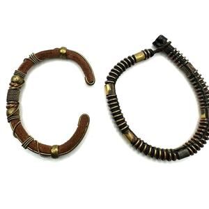 Boho Bracelet Set of 2 Bangle Cuff Retro 70s vintage inspired vibes Brown Rustic
